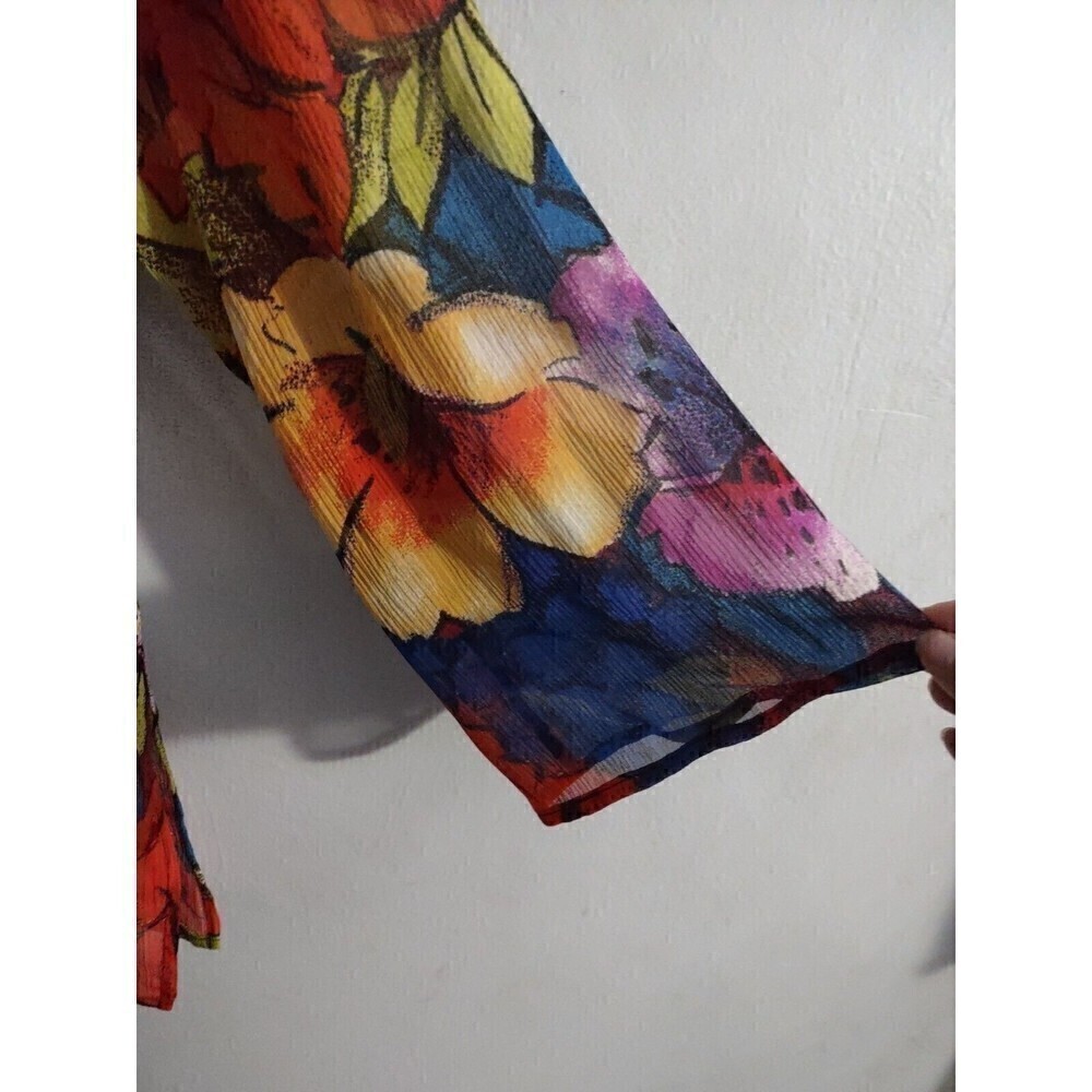 Chico's sz 1 Silk Top Sheer Long Sleeve Cover-Up Bright Floral Red Yellow Blue - Picture 4 of 4
